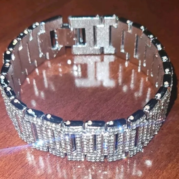 Mens Masculine Iced Hip Hop Bling Simulated Diamond  Silverplated Bling Bracelet - Picture 8 of 12